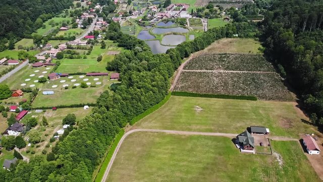 Sovata city, forest and valley from above. Aerial drone shot. Bird view. Panorama