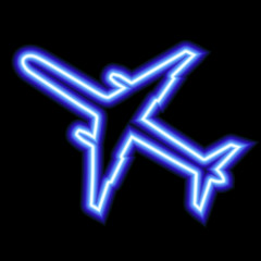 blue neon sign of airplane on black background