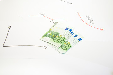 A lot of paper notes on a blank sheet background. Euro. On white background
