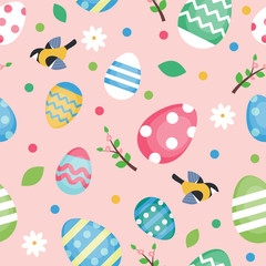 Easter pattern with decorated eggs, flowers, leaves and birds. Cute illustration in flat style