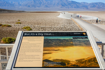 Death Valley Junction, California - November 11, 2019: Tourist information sign near Badwater in Death Valley National Park in California, USA
