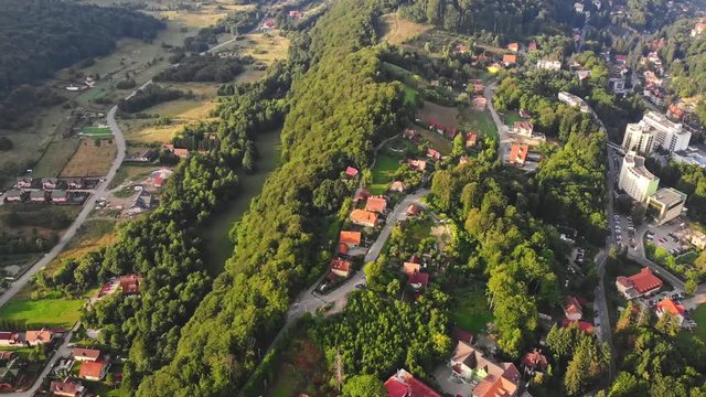 Sovata city, forest and valley from above. Aerial drone shot. Bird view. Panorama
