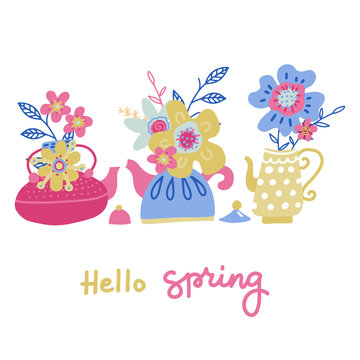 Set of bouquet of flower in the teapot set. Spring doodle flower. Teatime collection. Concept of tree teapots and cute flowers in flat vector style with hand lettering.