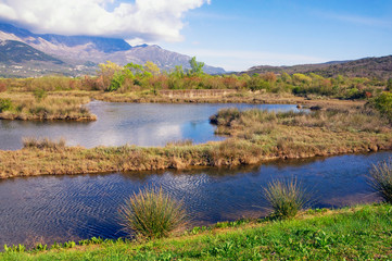 Fototapeta na wymiar Beautiful wetland landscape. Montenegro, Tivat. View of Tivat Salina ( Tivatska Solila )