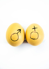 Characters are drawn on chicken eggs. Symbols of male and female. painted on chicken eggs. Point to...