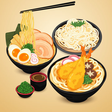 Japanese noodles: ramen, udon and soba illustration vector.