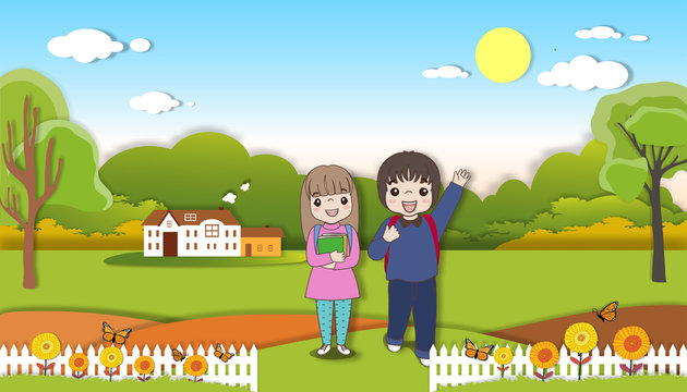 Paper Art Of Children Going To School, Vector Illustration Of Cartoon Siblings Ready To Go To School And Waiting For Bus Next To Wooden Fence.