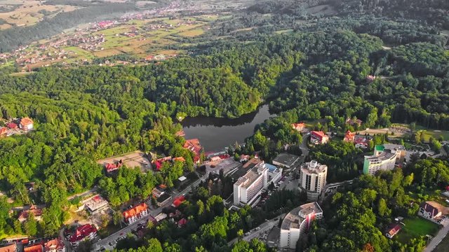 Sovata city, forest and valley from above. Aerial drone shot. Bird view. Panorama