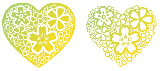 たくさんの桜の花と花びらと丸でできたハートの模様