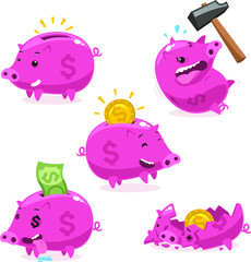 piggy bank cartoon set