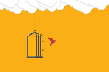 Flying bird and cage. Freedom concept. Emotion of freedom and happiness. Minimalist style. © madedee