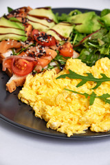 Light breakfast with fried eggs, toast with tomatoes and lettuce, as well as with a cup of hot invigorating coffee