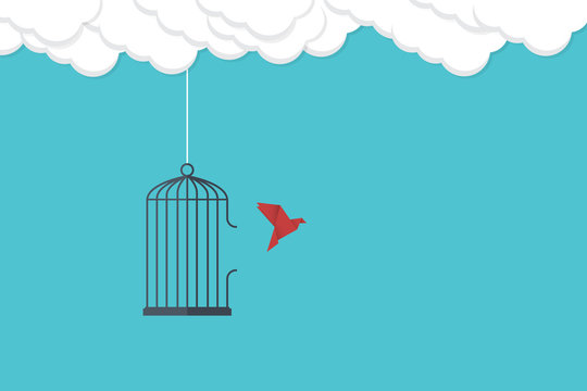 Flying bird and cage. Freedom concept. Emotion of freedom and happiness. Minimalist style.