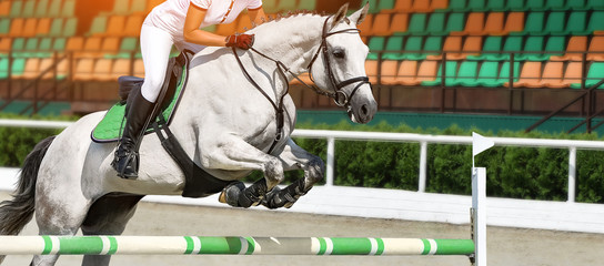 Girl jumping with white horse, isolated, tribune as a background. Rider in white uniform, equestrian sports. Horizontal header or banner. Ambition, breaking through, free, health concept.