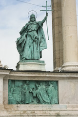 Fototapeta na wymiar Statue of Saint Stephen on Heroes' Square, (hungarian: Hosok Tere) or Millennium Monument in the city of Budapest, Hungary