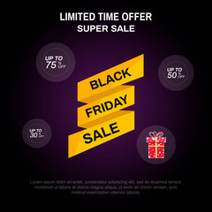 Yellow ribbon with an inscription Black Friday on a dark background. Vector illustration EPS 10