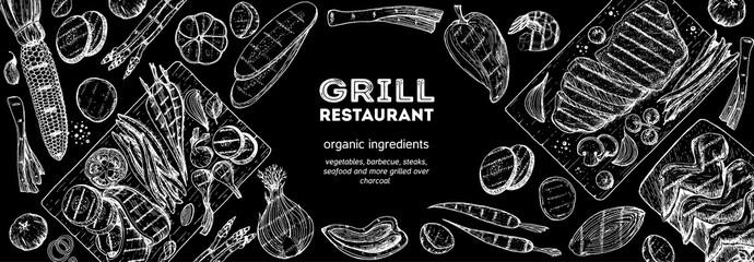 Grilled meat and vegetables top view frame. Vector illustration. Engraved design. Hand drawn illustration. Grill restaurant menu design template. Food on the grill. - obrazy, fototapety, plakaty