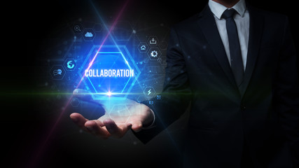 Naklejka premium Man hand holding COLLABORATION inscription, social media concept