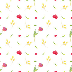 Seamless pattern of watercolor spring tulip flowers and hearts on a white background. Use for wedding invitations, birthdays, menus and decorations