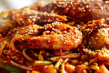 Korean spicy stir fried seafood dish 