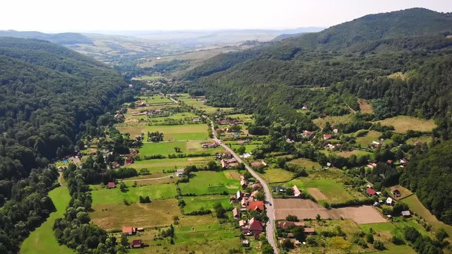 Sovata city, forest and valley from above. Aerial drone shot. Bird view. Panorama