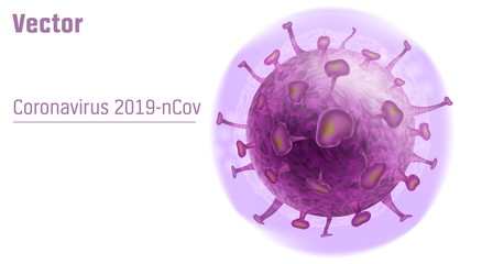 Coronavirus 2019-nCov. Realistic. Vector. Copy space. Isolated influenza virus cell. White background. Microscopic view of Chinese pathogen respiratory coronavirus. 3D vector medical illustration. 