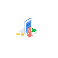 Isometric online payment mobile application. Vector illustration of check, golden and silver coins with phone and banknote