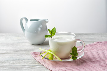 Airan or kefir drink, fermented milk drink, fermented probiotics on a white background