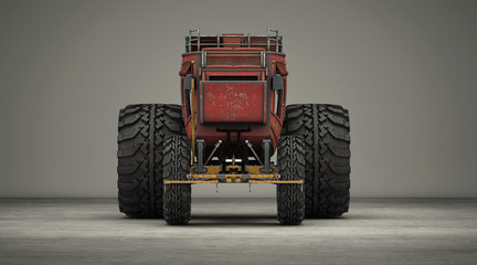 Modified carriage with giant tractor wheels, steampunk carriage, extreme tuning, 3d rendering, 3d illustration