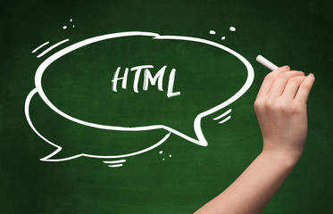 Hand drawing HTML abbreviation with white chalk on blackboard