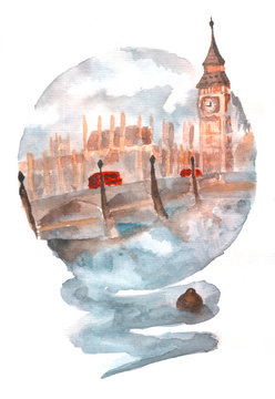 Round Isolated Watercolor Landscape London Big Ben, Bridge, Fog