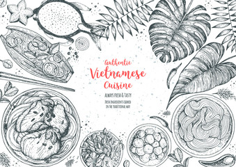 Vietnamese food top view frame. A set of vietnamese dishes with spring rolls, bun cha, fruits and vegetables . Food menu design template. Vintage hand drawn sketch vector illustration. Engraved image. - obrazy, fototapety, plakaty