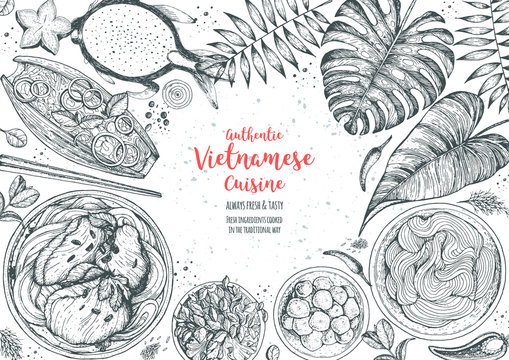 Vietnamese food top view frame. A set of vietnamese dishes with spring rolls, bun cha, fruits and vegetables . Food menu design template. Vintage hand drawn sketch vector illustration. Engraved image.