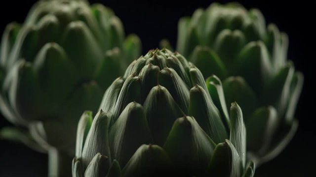 Camera follows water splash on artichokes. Slow Motion. 