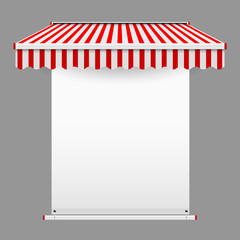 Announcement textile banner with grommets mockup. Commercial vector awning. Market, cafe, or restaurant desing element. Promo design template. Striped awning isolated on grey background.