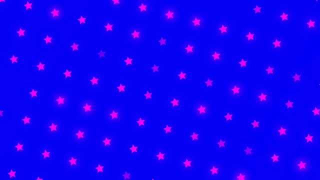 Decorative digital desigh elements, colorful stars rotating slowly on blue background, seamless loop. Animation. Beautiful rows of small pink stars spinning and moving upwards.