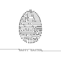Greeting card with Easter egg made of lines and dots in futuristic stile. Happy Easter  inscription. Technical illustration made for banner/poster/postcard/web. Black and white. Vector abstract image