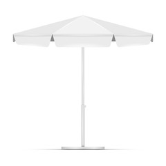 White empty beach umbrella commercial vector awning. Market, cafe, or restaurant desing element. Blank round market tent canopy mock up isolated on white background.