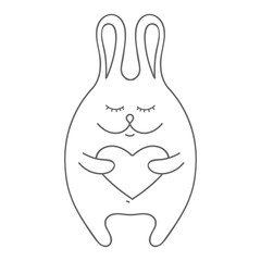 Illustration for valentines day. Cute rabbit with a heart. Circuit. Doodles. Vector illustration.