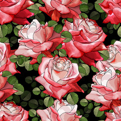 Vector floral seamless pattern with flowers red roses and green leaves on black background. Hand drawn. For textile, wallpapers, print, greeting. Watercolor style. Stock illustration.