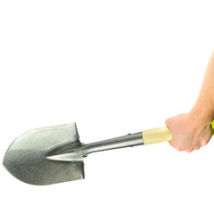 Gardening Shovel in Men Hand Isolated on White. Free space for text.