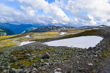 The beautiful mountain landscape. Snow road Aurlandsvegen. Norway.