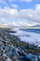 The beautiful mountain landscape. Snow road Aurlandsvegen. Norway.