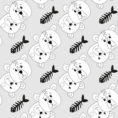 Obraz premium Seamless pattern with cute kawaii bears and fish skeletons on a grey background. Vector illustration, cartoon.