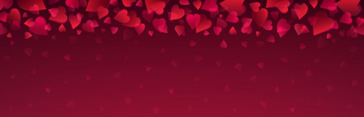 Banner with pink and red valentines hearts. Valentines greeting background. Horizontal holiday background, headers, posters, cards, website. Vector illustration