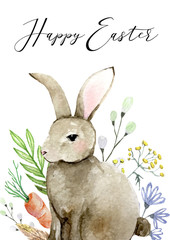Easter bunny with flowers and leaves. Happy Easter card
