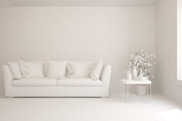 Mock up of stylish room in white color with sofa. Scandinavian interior design. 3D illustration