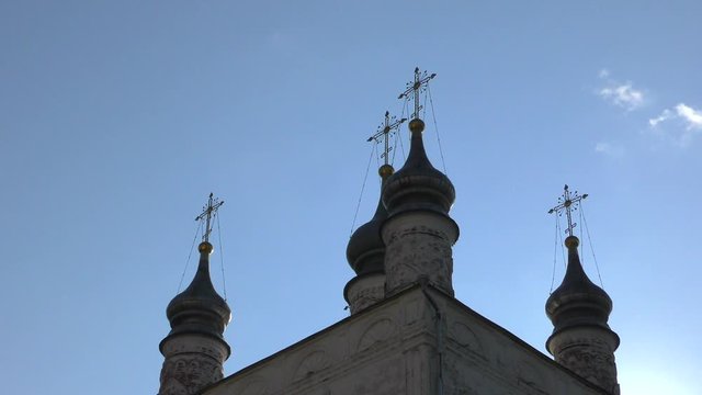Old Russian Orthodox Church. Domes and crosses against the blue sky. Pereslavl-Zalessky is an ancient Russian city in the Yaroslavl region.
