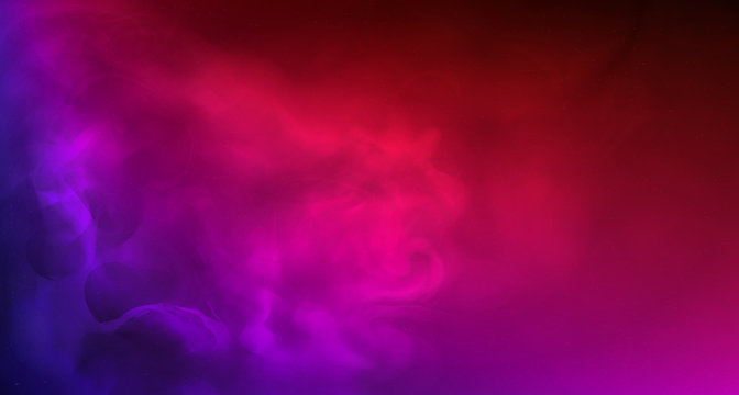 Colored smoke. Realistic fog in neon light. Splashes of purple, blue and pink colors on foggy abstract background. Space and stars. Vector stock illustration. Purple bursts of light.Copy space.Banner