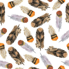 Seamless pattern with wild brown and yellow bird feathers on white background. Hand drawn watercolor illustration.